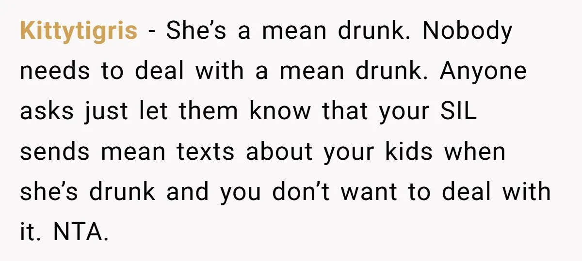 Kittytigris − She’s a mean drunk. Nobody needs to deal with a mean drunk. Anyone asks just let them know that your SIL sends mean texts about your kids when...