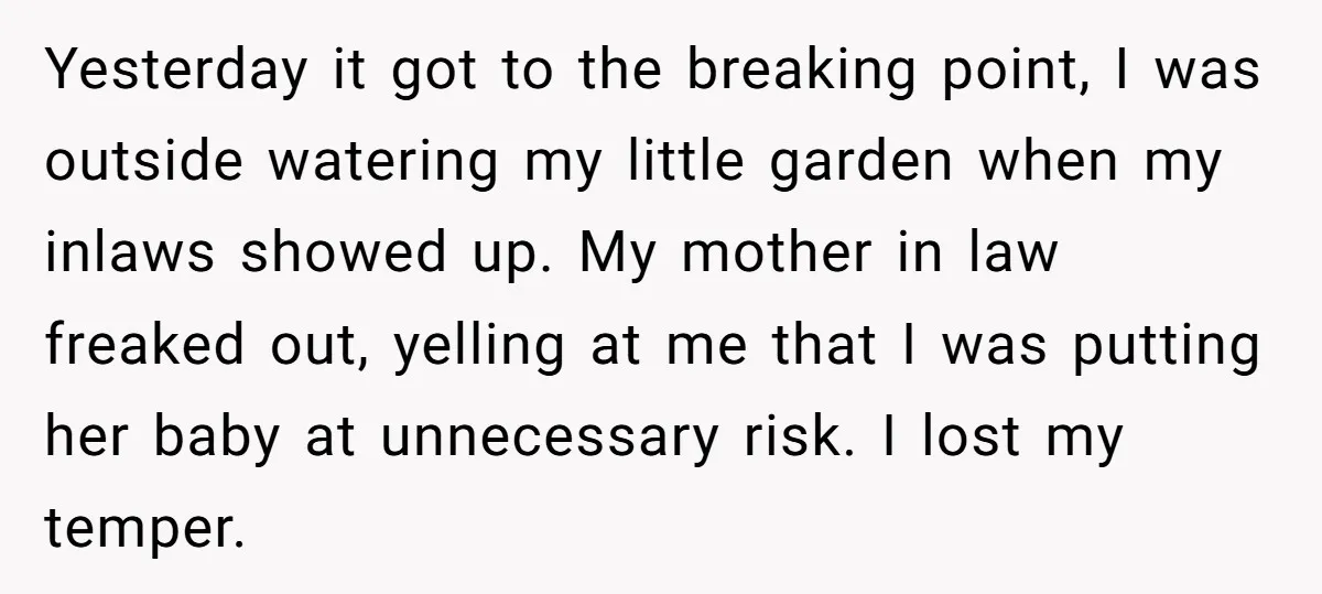 Yesterday it got to the breaking point, I was outside watering my little garden when my inlaws showed up. My mother in law freaked out, yelling at me that I...