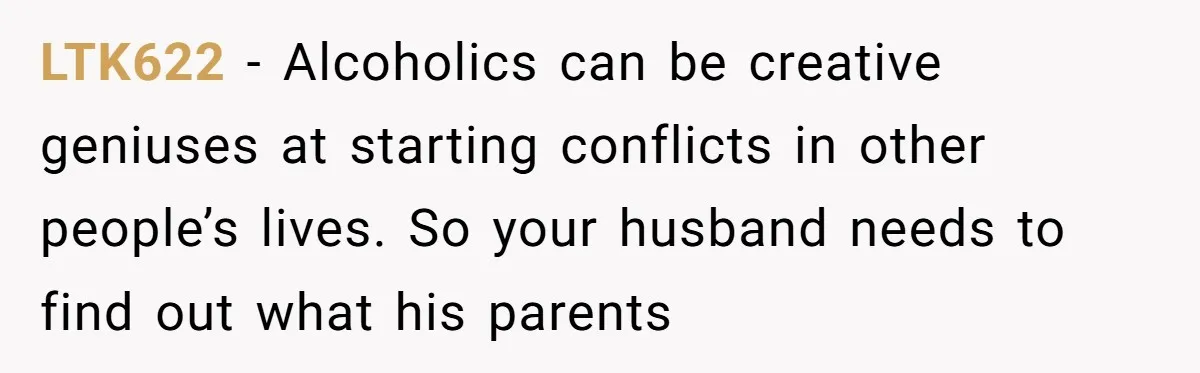 LTK622 − Alcoholics can be creative geniuses at starting conflicts in other people’s lives. So your husband needs to find out what his parents
