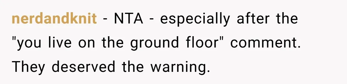 nerdandknit − NTA - especially after the "you live on the ground floor" comment. They deserved the warning.