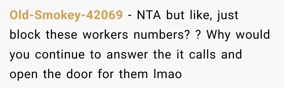 Old-Smokey-42069 − NTA but like, just block these workers numbers? ? Why would you continue to answer the it calls and open the door for them lmao