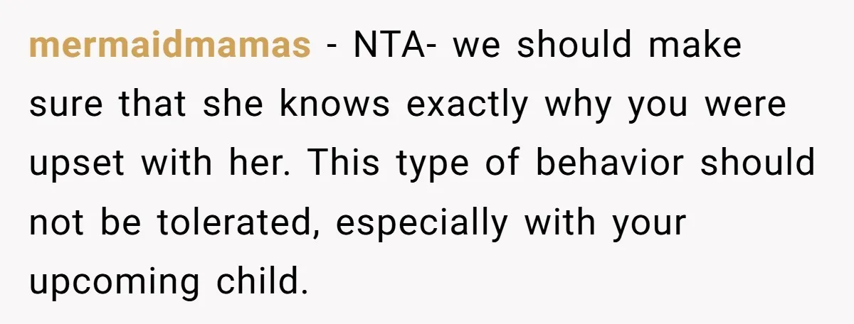 mermaidmamas − NTA- we should make sure that she knows exactly why you were upset with her. This type of behavior should not be tolerated, especially with your upcoming child.