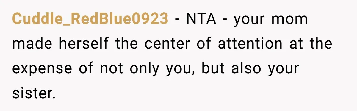 Cuddle_RedBlue0923 − NTA - your mom made herself the center of attention at the expense of not only you, but also your sister.