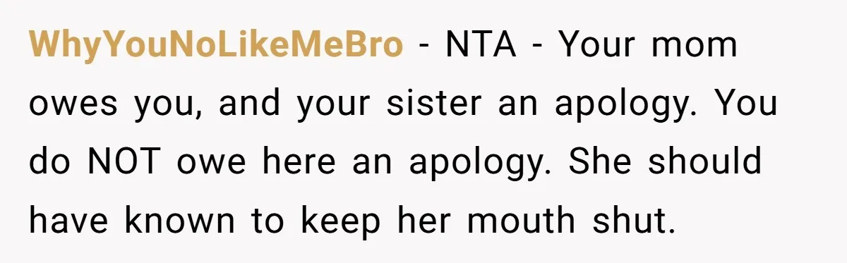 WhyYouNoLikeMeBro − NTA - Your mom owes you, and your sister an apology. You do NOT owe here an apology. She should have known to keep her mouth shut.