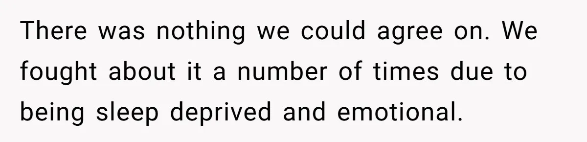 There was nothing we could agree on. We fought about it a number of times due to being sleep deprived and emotional.