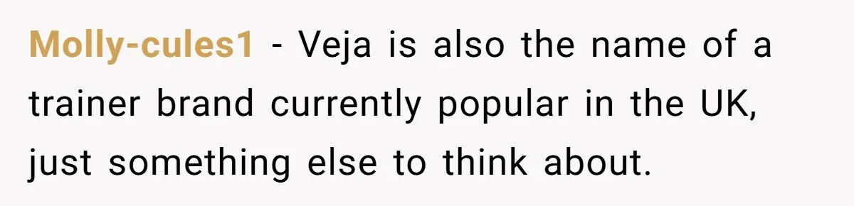 Molly-cules1 − Veja is also the name of a trainer brand currently popular in the UK, just something else to think about.