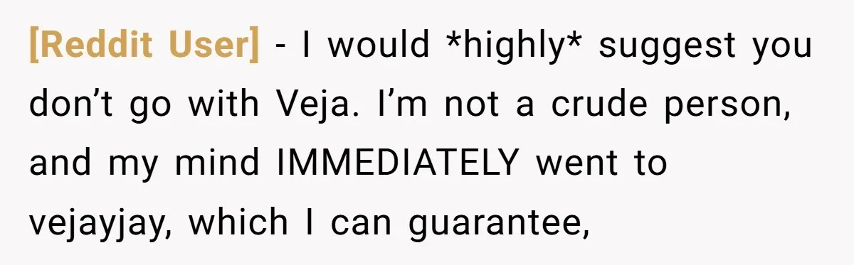 [Reddit User] − I would *highly* suggest you don’t go with Veja. I’m not a crude person, and my mind IMMEDIATELY went to vejayjay, which I can guarantee,