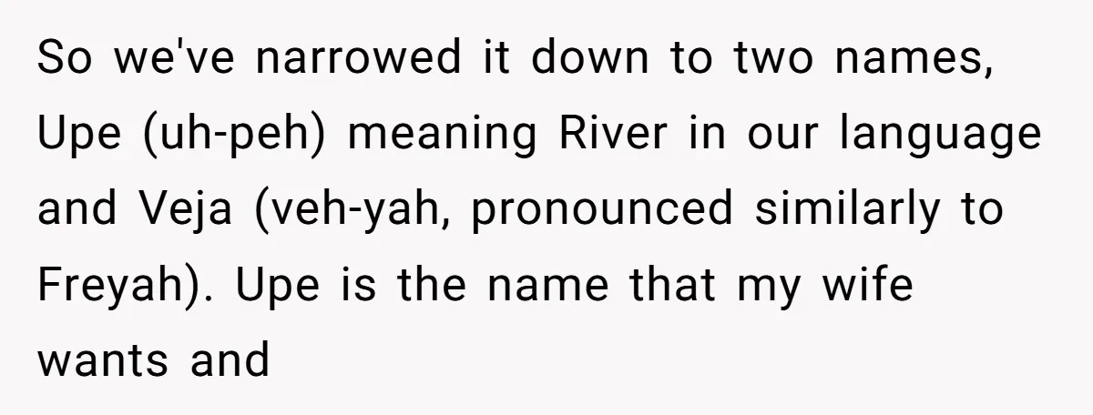 So we've narrowed it down to two names, Upe (uh-peh) meaning River in our language and Veja (veh-yah, pronounced similarly to Freyah). Upe is the name that my wife wants...
