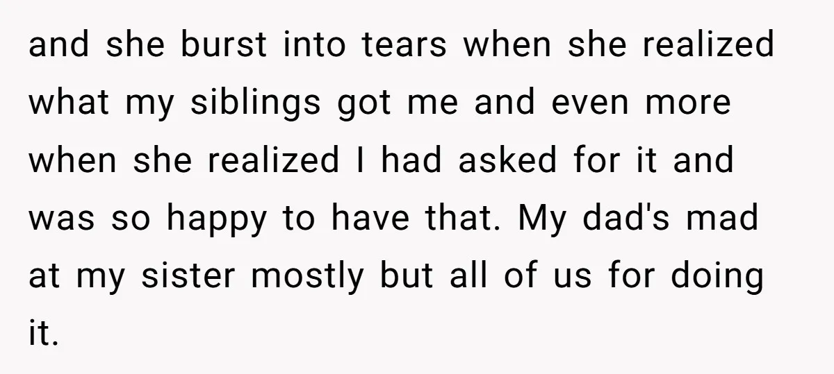 and she burst into tears when she realized what my siblings got me and even more when she realized I had asked for it and was so happy to have...