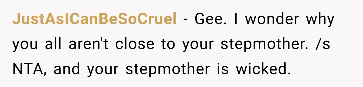 JustAsICanBeSoCruel − Gee. I wonder why you all aren't close to your stepmother. /s NTA, and your stepmother is wicked.
