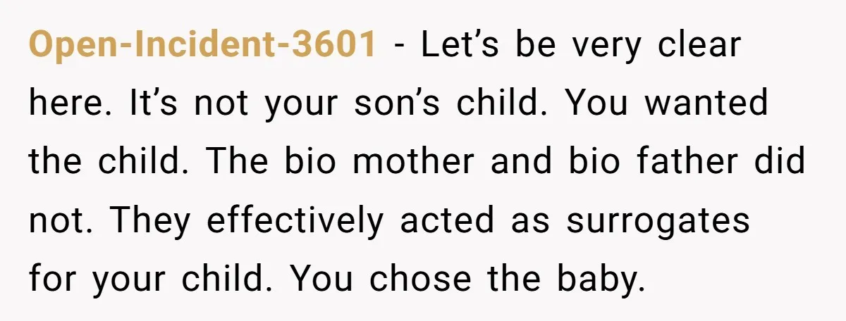 Open-Incident-3601 − Let’s be very clear here. It’s not your son’s child. You wanted the child. The bio mother and bio father did not. They effectively acted as surrogates for...