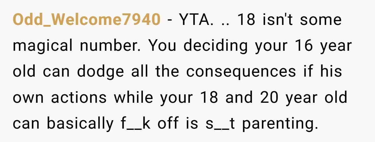 Odd_Welcome7940 − YTA. .. 18 isn't some magical number. You deciding your 16 year old can dodge all the consequences if his own actions while your 18 and 20 year...