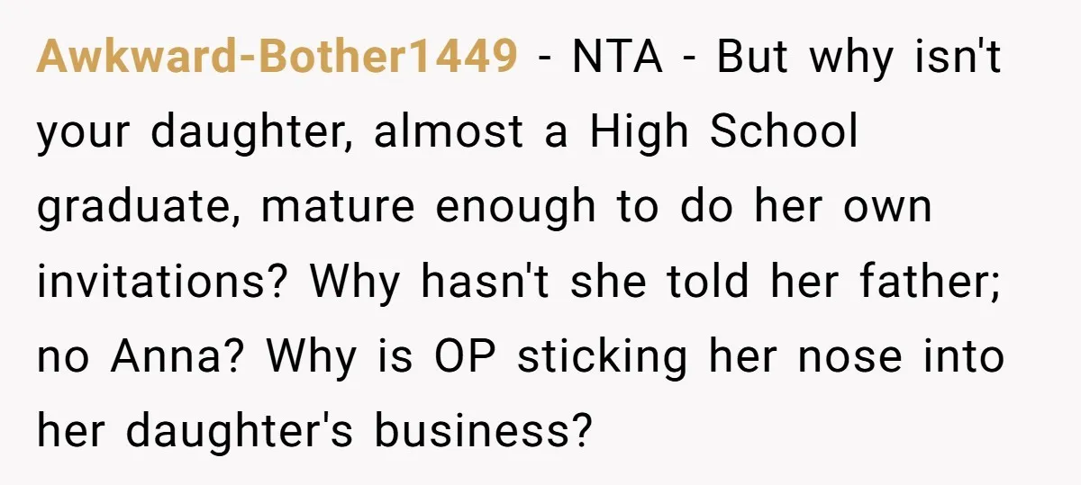Awkward-Bother1449 − NTA - But why isn't your daughter, almost a High School graduate, mature enough to do her own invitations? Why hasn't she told her father; no Anna? Why...