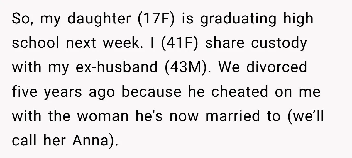 So, my daughter (17F) is graduating high school next week. I (41F) share custody with my ex-husband (43M). We divorced five years ago because he cheated on me with the...