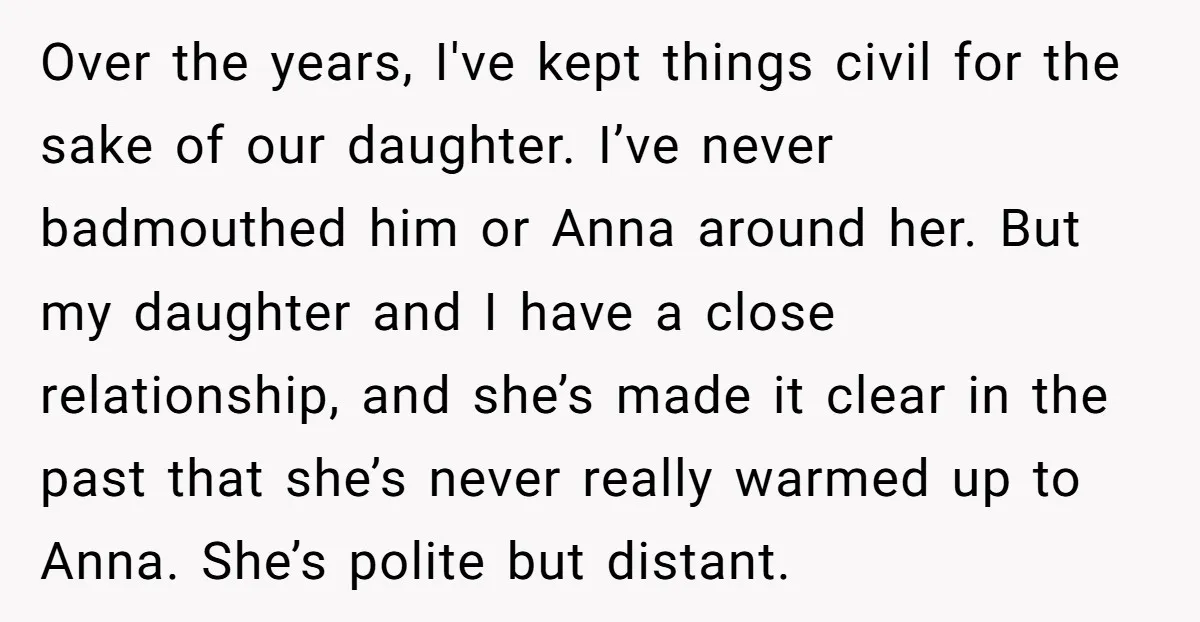 Over the years, I've kept things civil for the sake of our daughter. I’ve never badmouthed him or Anna around her. But my daughter and I have a close relationship,...