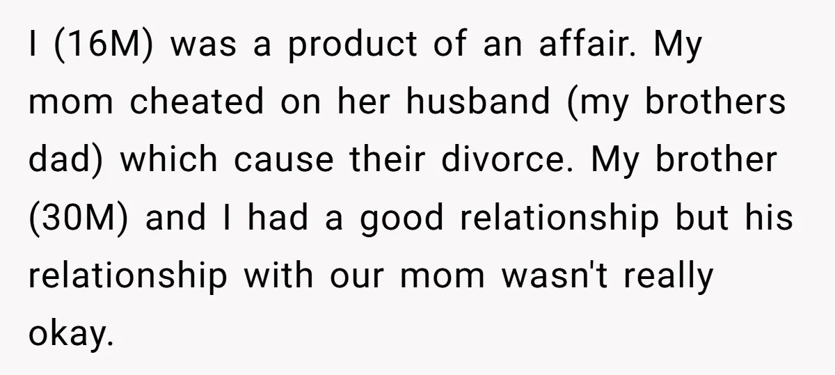 I (16M) was a product of an affair. My mom cheated on her husband (my brothers dad) which cause their divorce. My brother (30M) and I had a good relationship...
