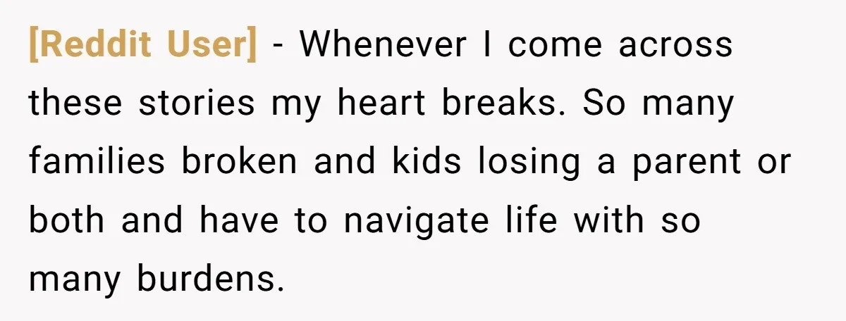 [Reddit User] − Whenever I come across these stories my heart breaks. So many families broken and kids losing a parent or both and have to navigate life with so...