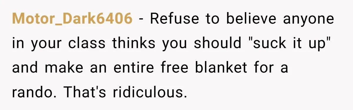 Motor_Dark6406 − Refuse to believe anyone in your class thinks you should "suck it up" and make an entire free blanket for a rando. That's ridiculous.