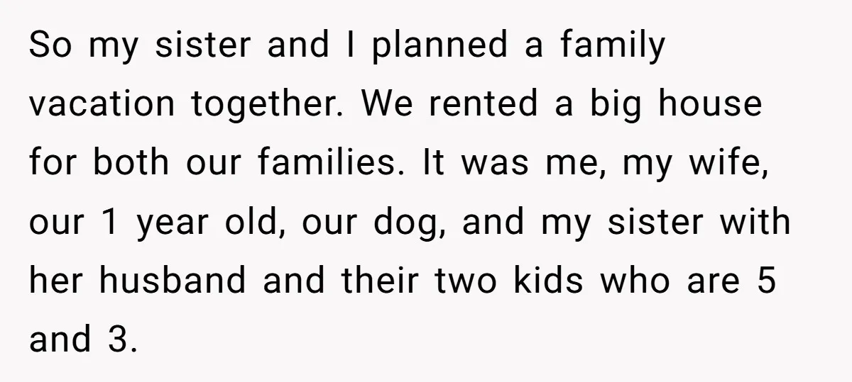 So my sister and I planned a family vacation together. We rented a big house for both our families. It was me, my wife, our 1 year old, our dog,...