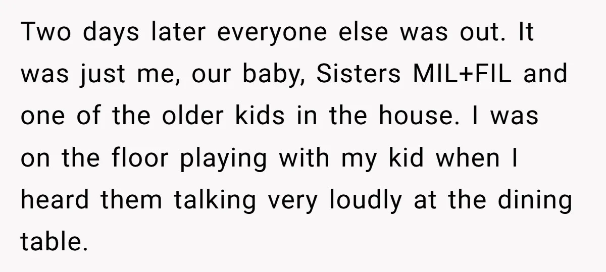 Two days later everyone else was out. It was just me, our baby, Sisters MIL+FIL and one of the older kids in the house. I was on the floor playing...