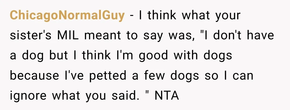 ChicagoNormalGuy − I think what your sister's MIL meant to say was, "I don't have a dog but I think I'm good with dogs because I've petted a few dogs...