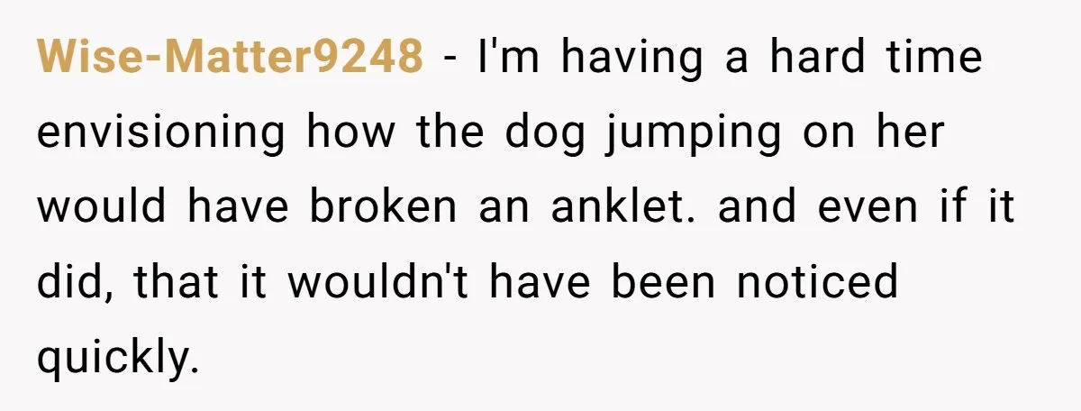 Wise-Matter9248 − I'm having a hard time envisioning how the dog jumping on her would have broken an anklet. and even if it did, that it wouldn't have been noticed...