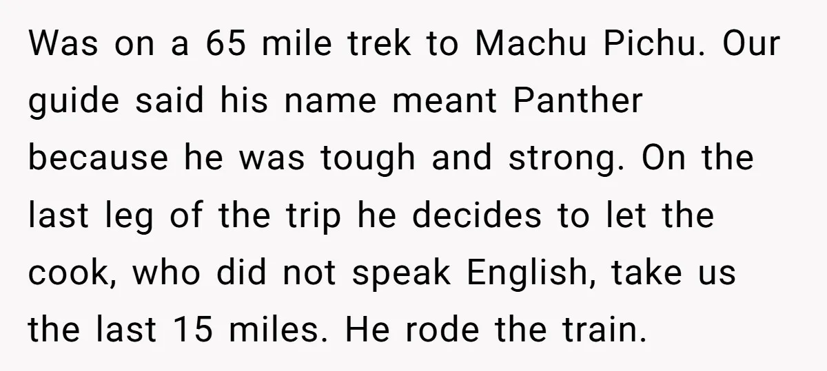Was on a 65 mile trek to Machu Pichu. Our guide said his name meant Panther because he was tough and strong. On the last leg of the trip he...
