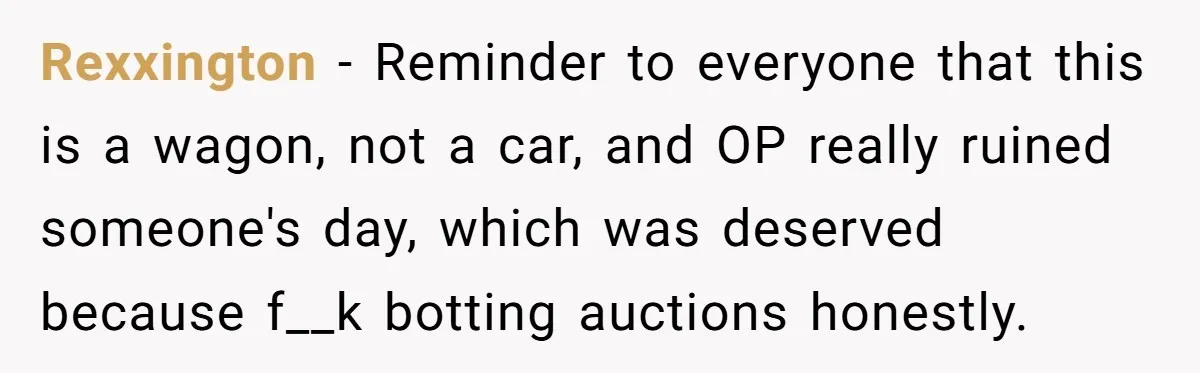 Rexxington − Reminder to everyone that this is a wagon, not a car, and OP really ruined someone's day, which was deserved because f__k botting auctions honestly.