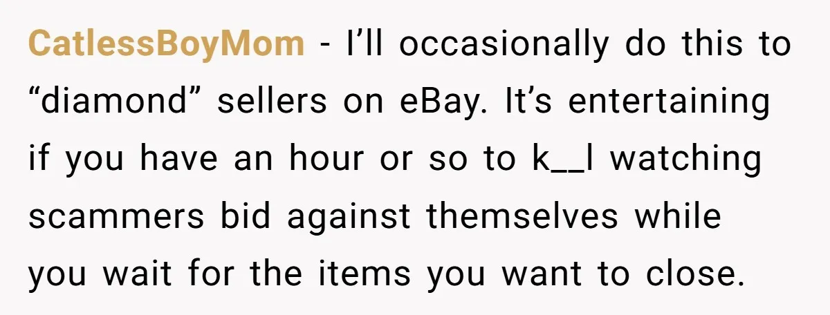 CatlessBoyMom − I’ll occasionally do this to “diamond” sellers on eBay. It’s entertaining if you have an hour or so to k__l watching scammers bid against themselves while you wait...