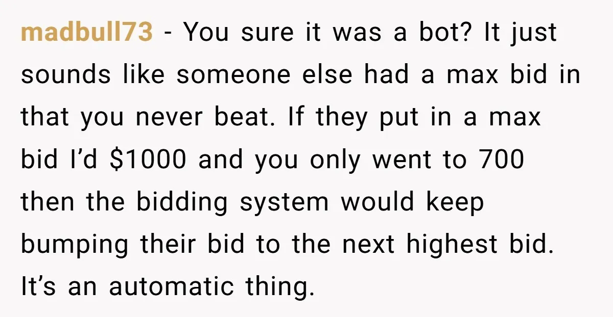 madbull73 − You sure it was a bot? It just sounds like someone else had a max bid in that you never beat. If they put in a max bid...