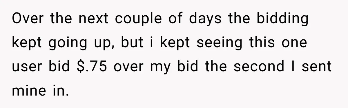 Over the next couple of days the bidding kept going up, but i kept seeing this one user bid $.75 over my bid the second I sent mine in.