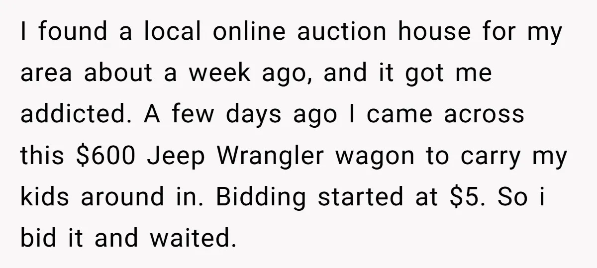 I found a local online auction house for my area about a week ago, and it got me addicted. A few days ago I came across this $600 Jeep Wrangler...