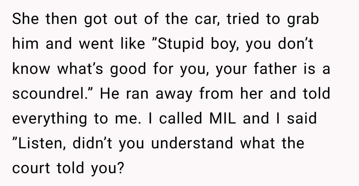 She then got out of the car, tried to grab him and went like ”Stupid boy, you don’t know what’s good for you, your father is a scoundrel.” He ran...