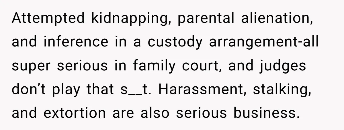 Attempted kidnapping, parental alienation, and inference in a custody arrangement-all super serious in family court, and judges don’t play that s__t. Harassment, stalking, and extortion are also serious business.
