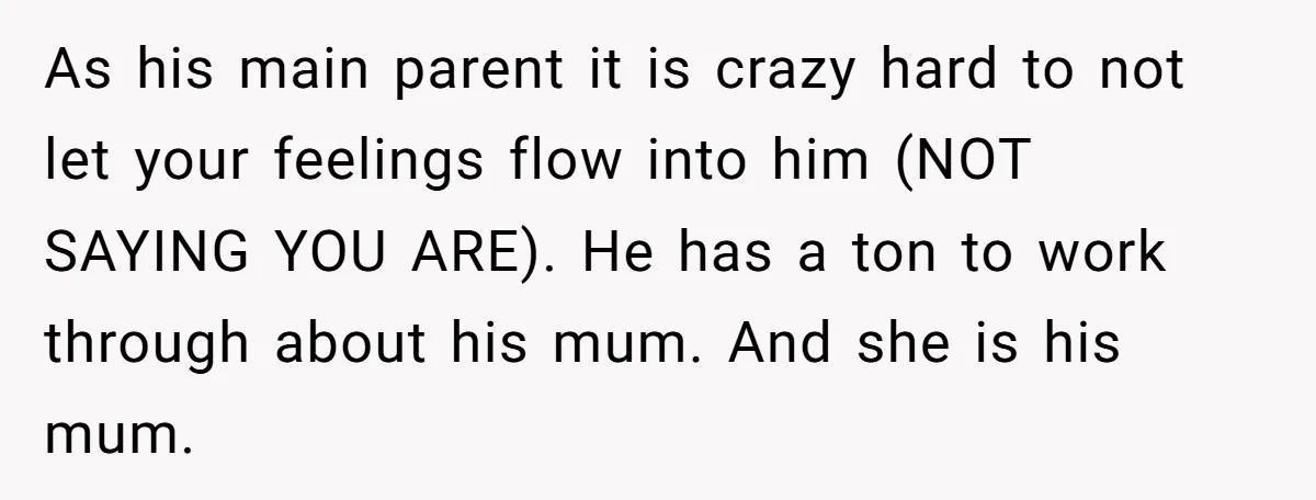 As his main parent it is crazy hard to not let your feelings flow into him (NOT SAYING YOU ARE). He has a ton to work through about his mum....