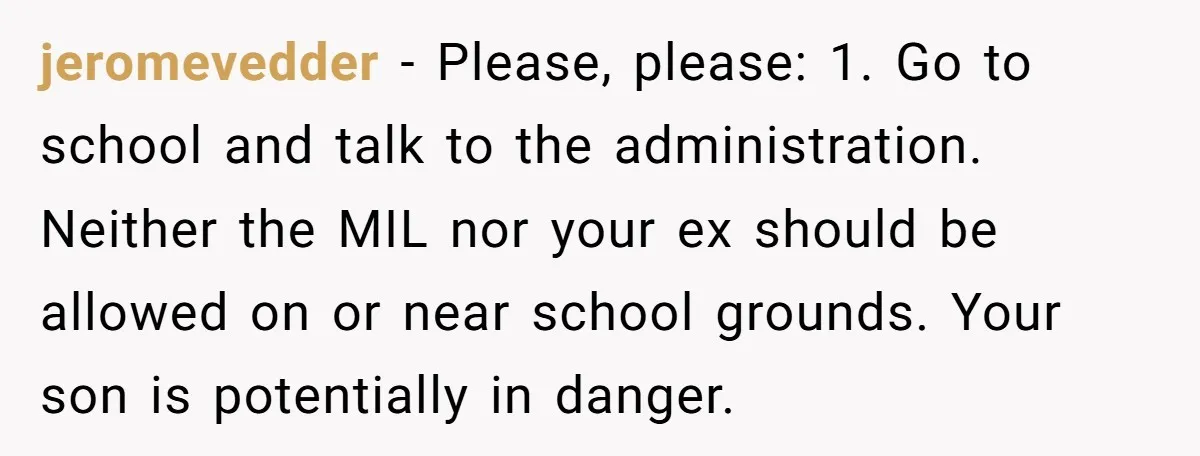 jeromevedder − Please, please: 1. Go to school and talk to the administration. Neither the MIL nor your ex should be allowed on or near school grounds. Your son is...