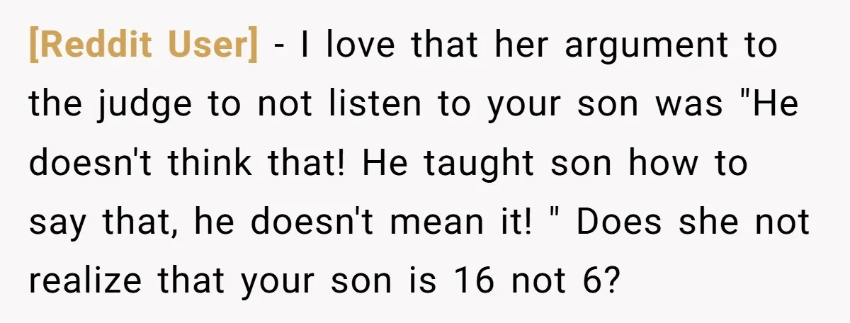 [Reddit User] − I love that her argument to the judge to not listen to your son was "He doesn't think that! He taught son how to say that, he...