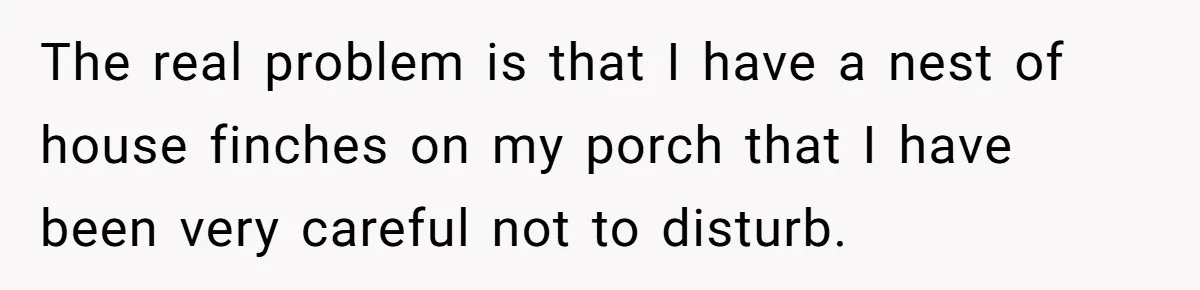 The real problem is that I have a nest of house finches on my porch that I have been very careful not to disturb.
