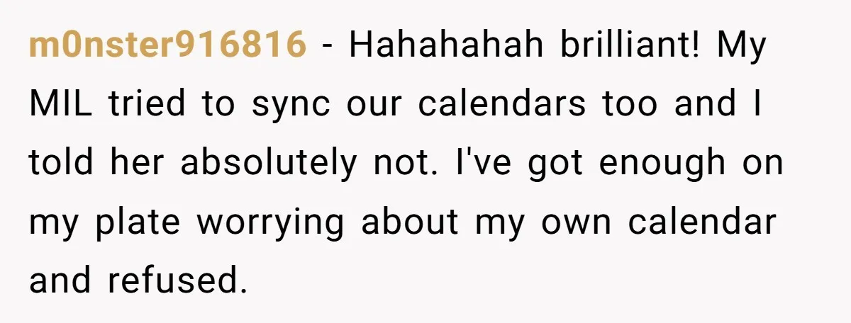 m0nster916816 − Hahahahah brilliant! My MIL tried to sync our calendars too and I told her absolutely not. I've got enough on my plate worrying about my own calendar and...