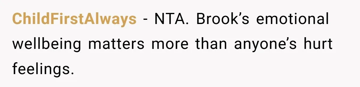 ChildFirstAlways - NTA. Brook’s emotional wellbeing matters more than anyone’s hurt feelings.