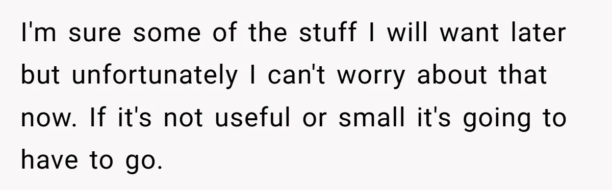 I'm sure some of the stuff I will want later but unfortunately I can't worry about that now. If it's not useful or small it's going to have to go.