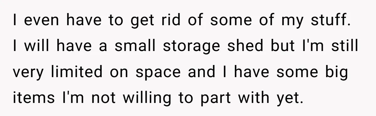 I even have to get rid of some of my stuff. I will have a small storage shed but I'm still very limited on space and I have some big...