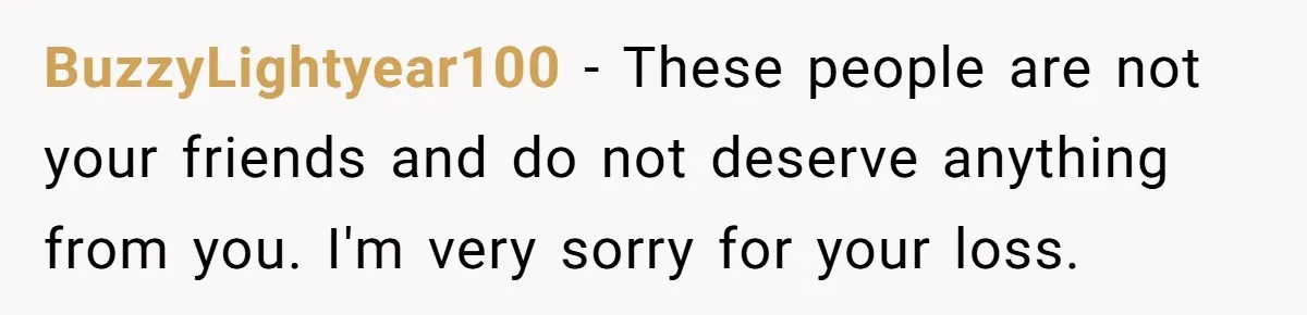 BuzzyLightyear100 − These people are not your friends and do not deserve anything from you. I'm very sorry for your loss.
