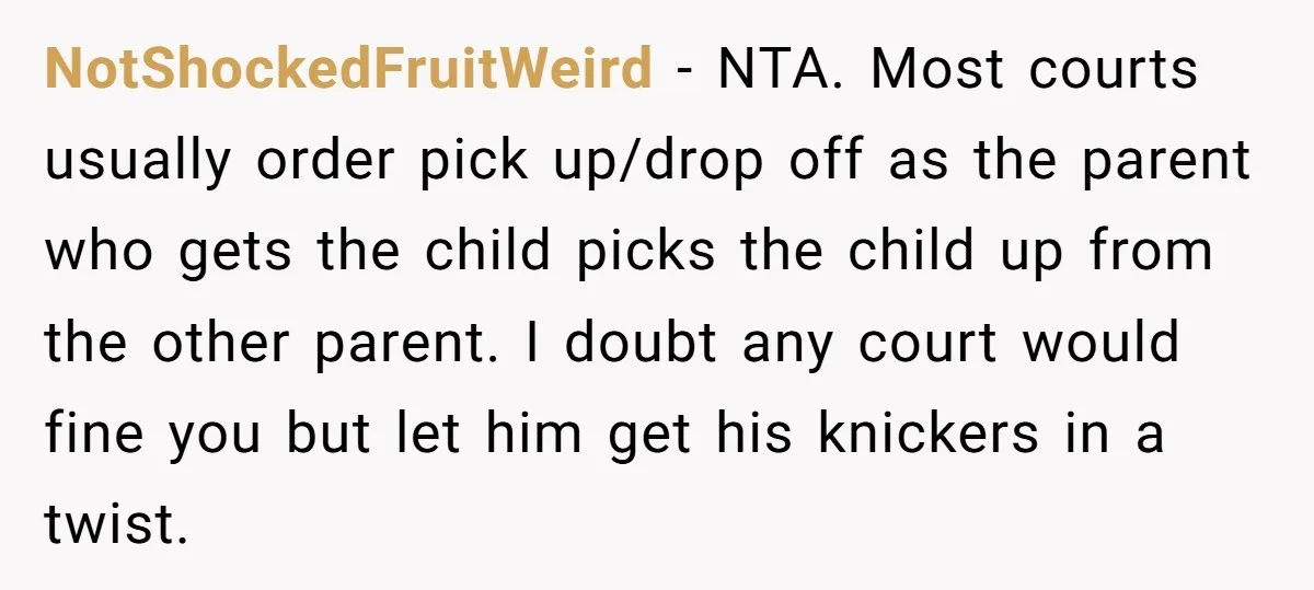 NotShockedFruitWeird − NTA. Most courts usually order pick up/drop off as the parent who gets the child picks the child up from the other parent. I doubt any court would...