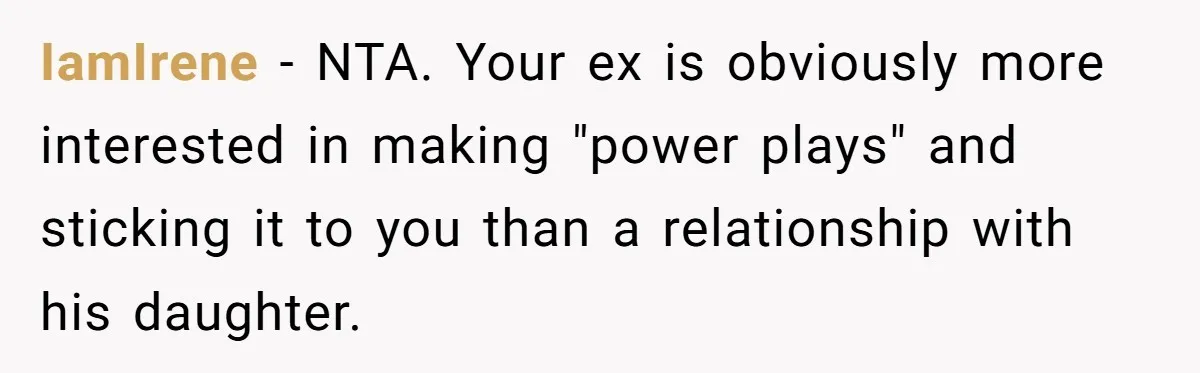 IamIrene − NTA. Your ex is obviously more interested in making "power plays" and sticking it to you than a relationship with his daughter.
