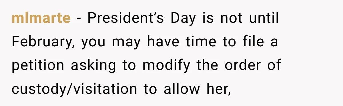 mlmarte − President’s Day is not until February, you may have time to file a petition asking to modify the order of custody/visitation to allow her,