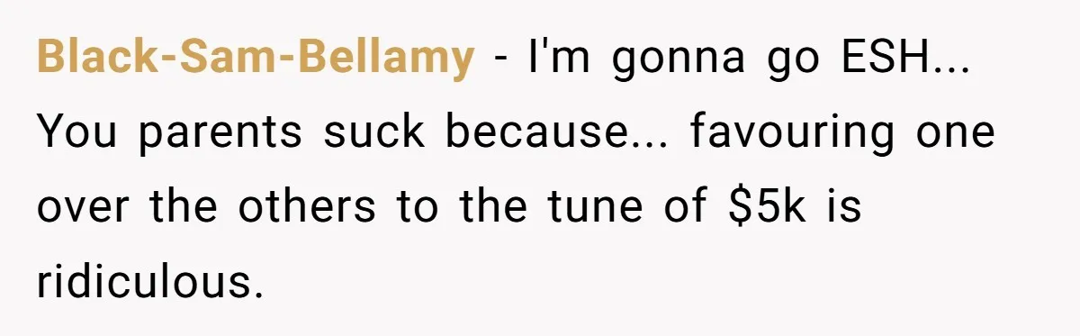 Black-Sam-Bellamy − I'm gonna go ESH... You parents suck because... favouring one over the others to the tune of $5k is ridiculous.