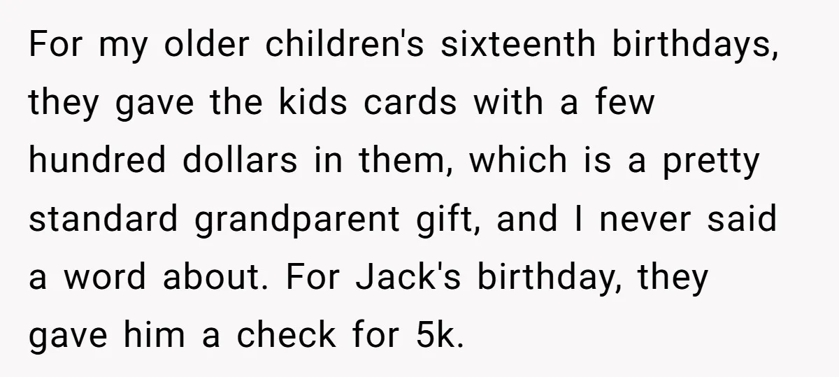 For my older children's sixteenth birthdays, they gave the kids cards with a few hundred dollars in them, which is a pretty standard grandparent gift, and I never said a...