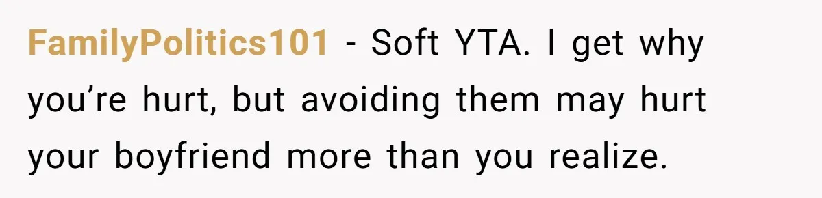 FamilyPolitics101 - Soft YTA. I get why you’re hurt, but avoiding them may hurt your boyfriend more than you realize.