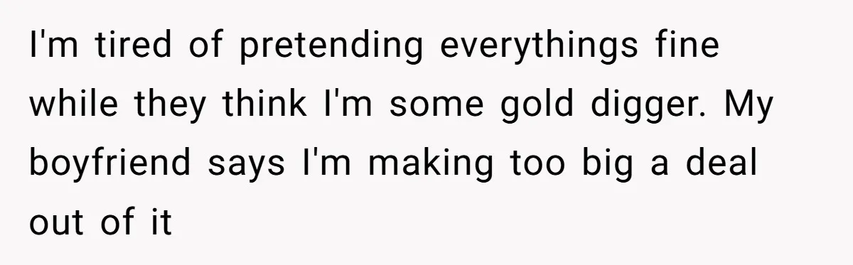 I'm tired of pretending everythings fine while they think I'm some gold digger. My boyfriend says I'm making too big a deal out of it